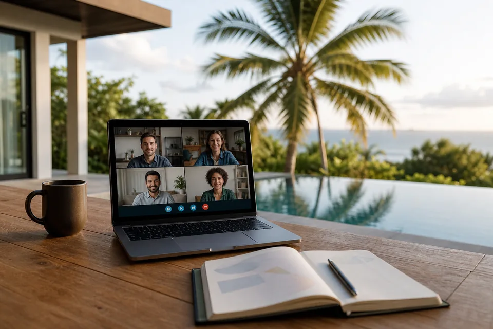 Laptop z otwartą rozmową wideo i notes na stoliku tarasu willi, w tle basen i palmy