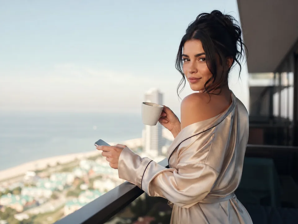 Modelka w satynowym szlafroku z kawą na balkonie hotelu nad morzem przed sesją
