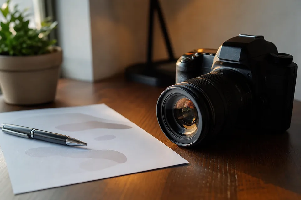 Aparat fotograficzny leżący na stole obok podpisanego dokumentu